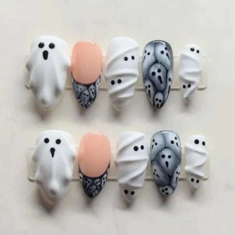 White 3D Ghost and Spooky Pattern Halloween Nail Set