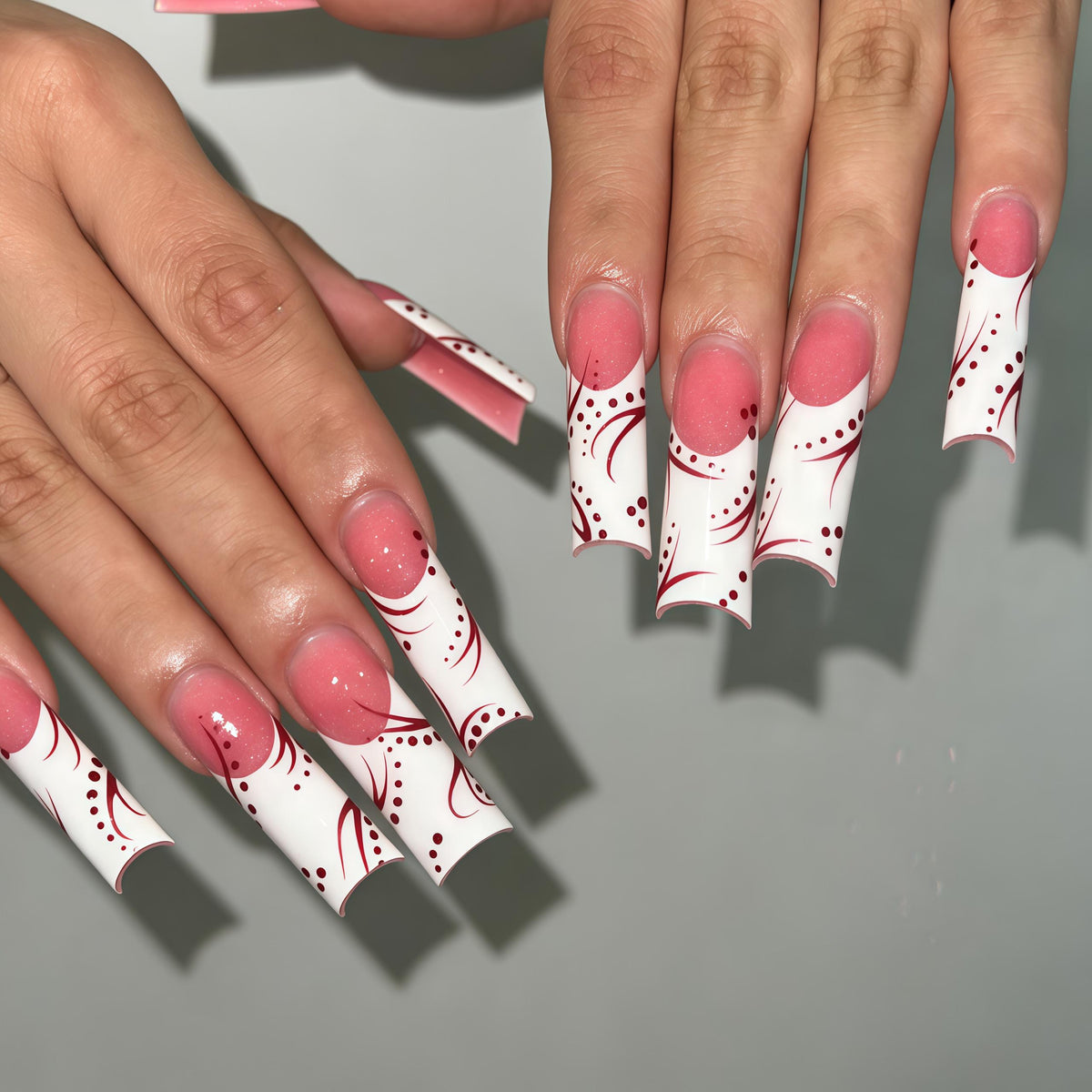 White and Dusty Rose Press On Nails With Burgundy Curves and Dots