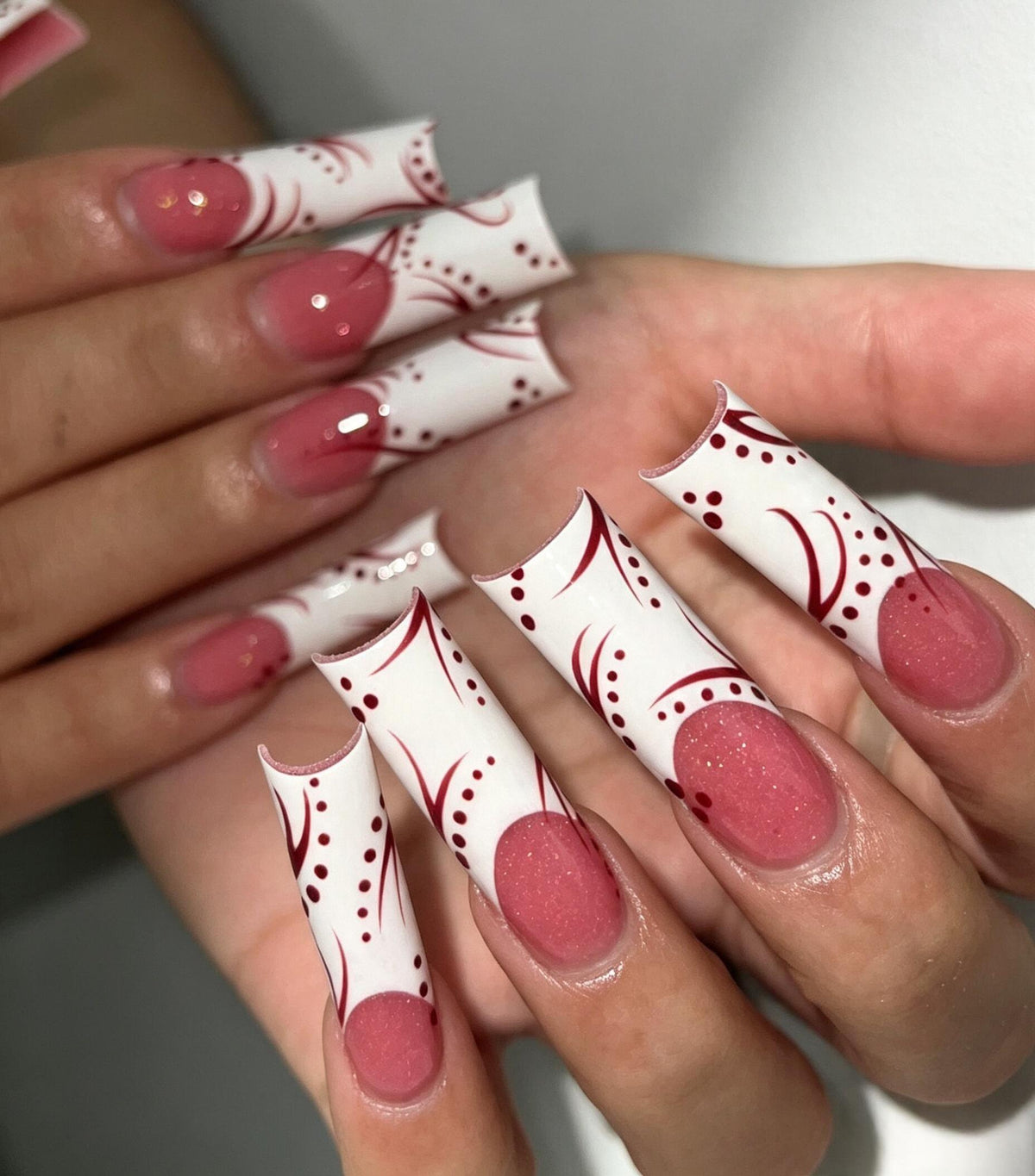 White and Dusty Rose Press On Nails With Burgundy Curves and Dots