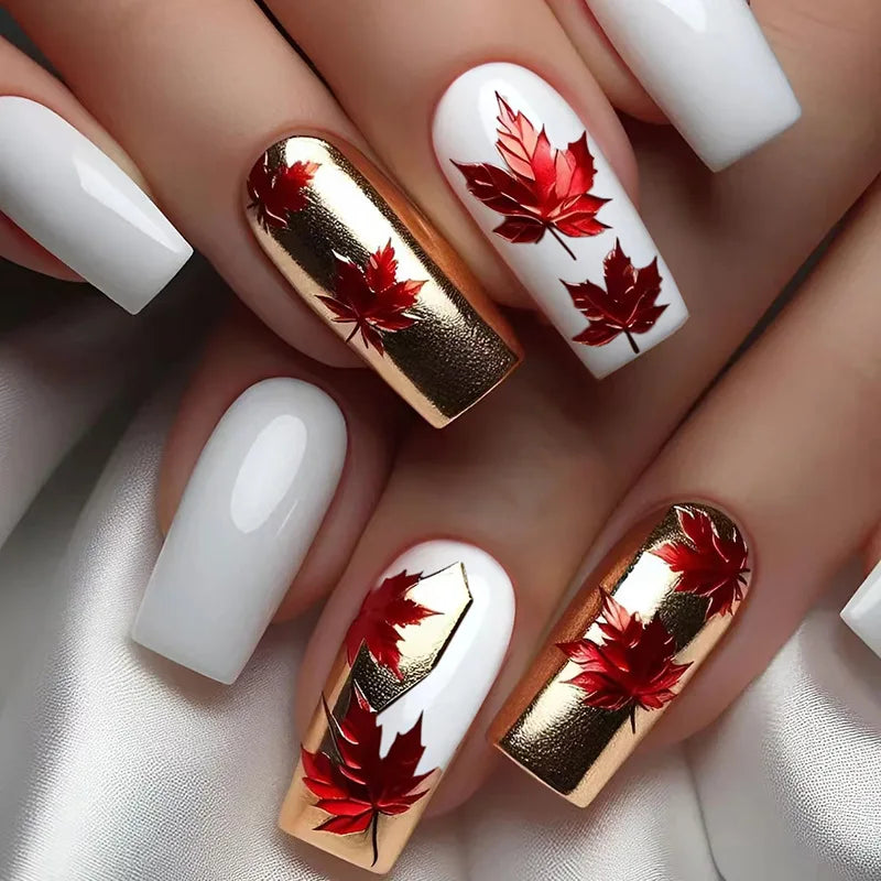 White and Gold Maple Leaf Fall Press On Nails