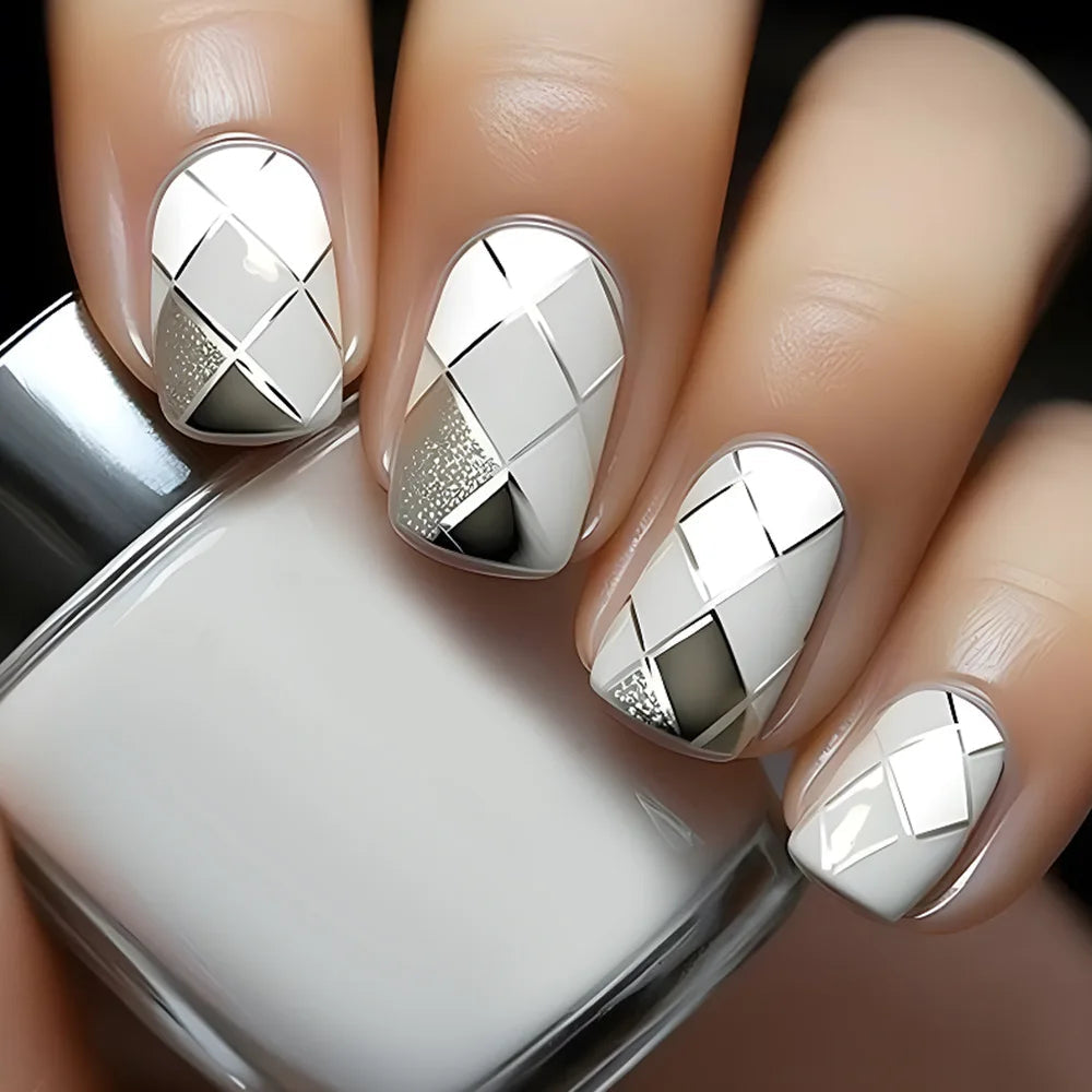 White and Silver Geometric Glitter Press On Nails