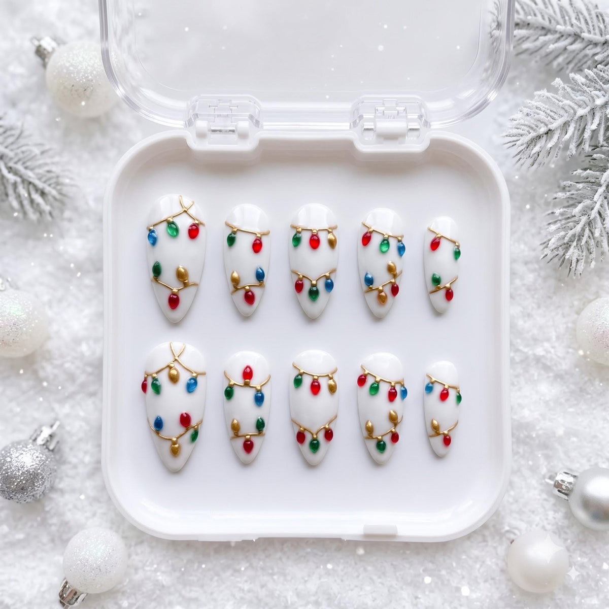 White Christmas Light Nail Set With Colorful Bulbs and Gold Wire