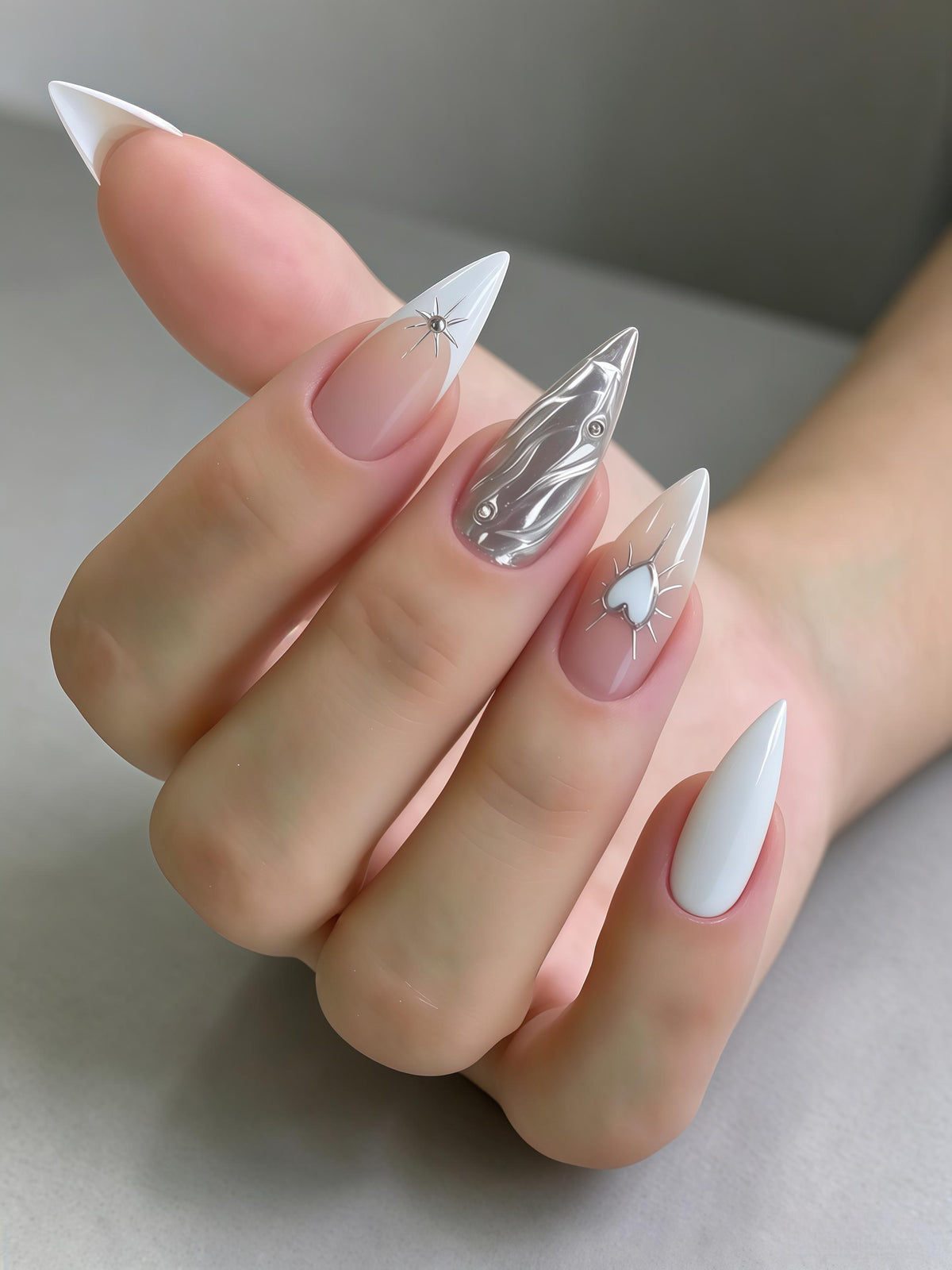 White French Tip Nails with Silver Liquid Metal, Starburst and Heart Charm