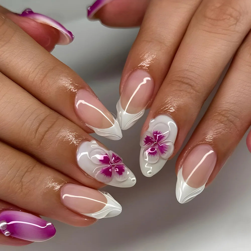 White French Tip Press On Nails with 3D Magenta-Centered Flowers