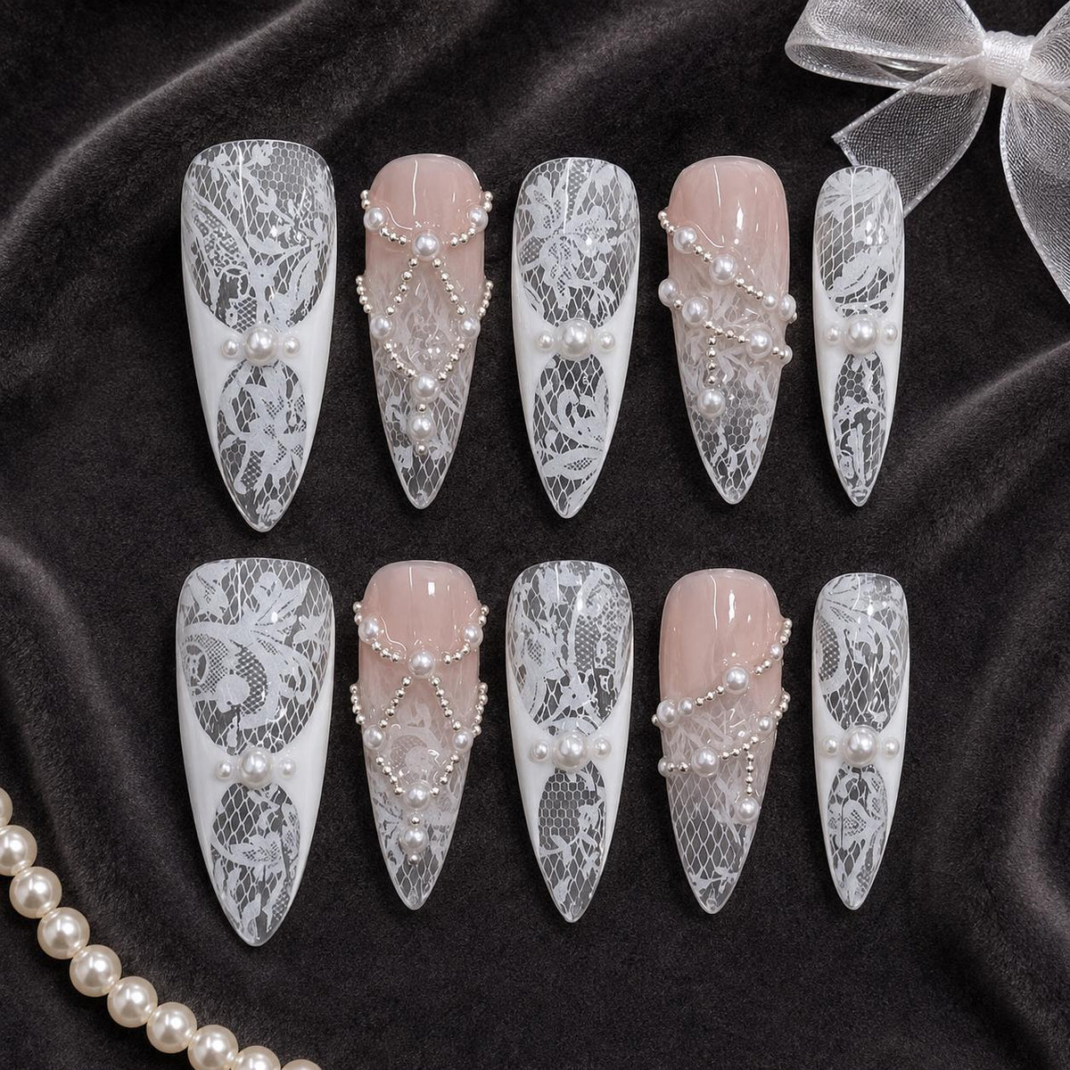 White Lace and Pearl Bridal Nail Set