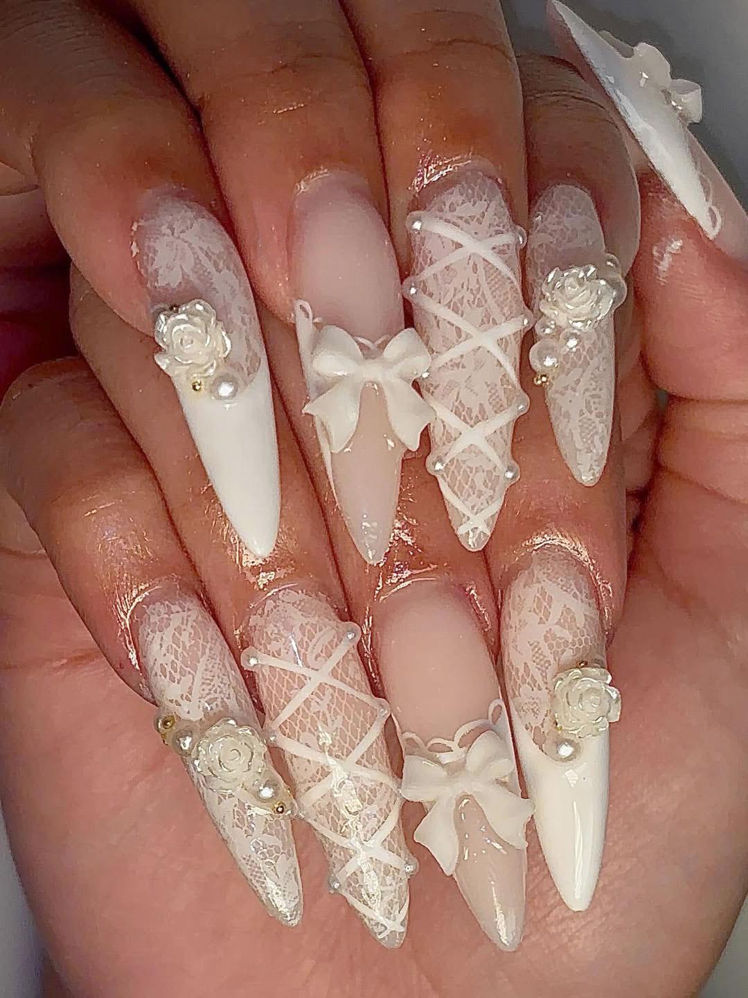 White Lace Bridal Press On Nails With 3D Bows, Flowers and Pearls