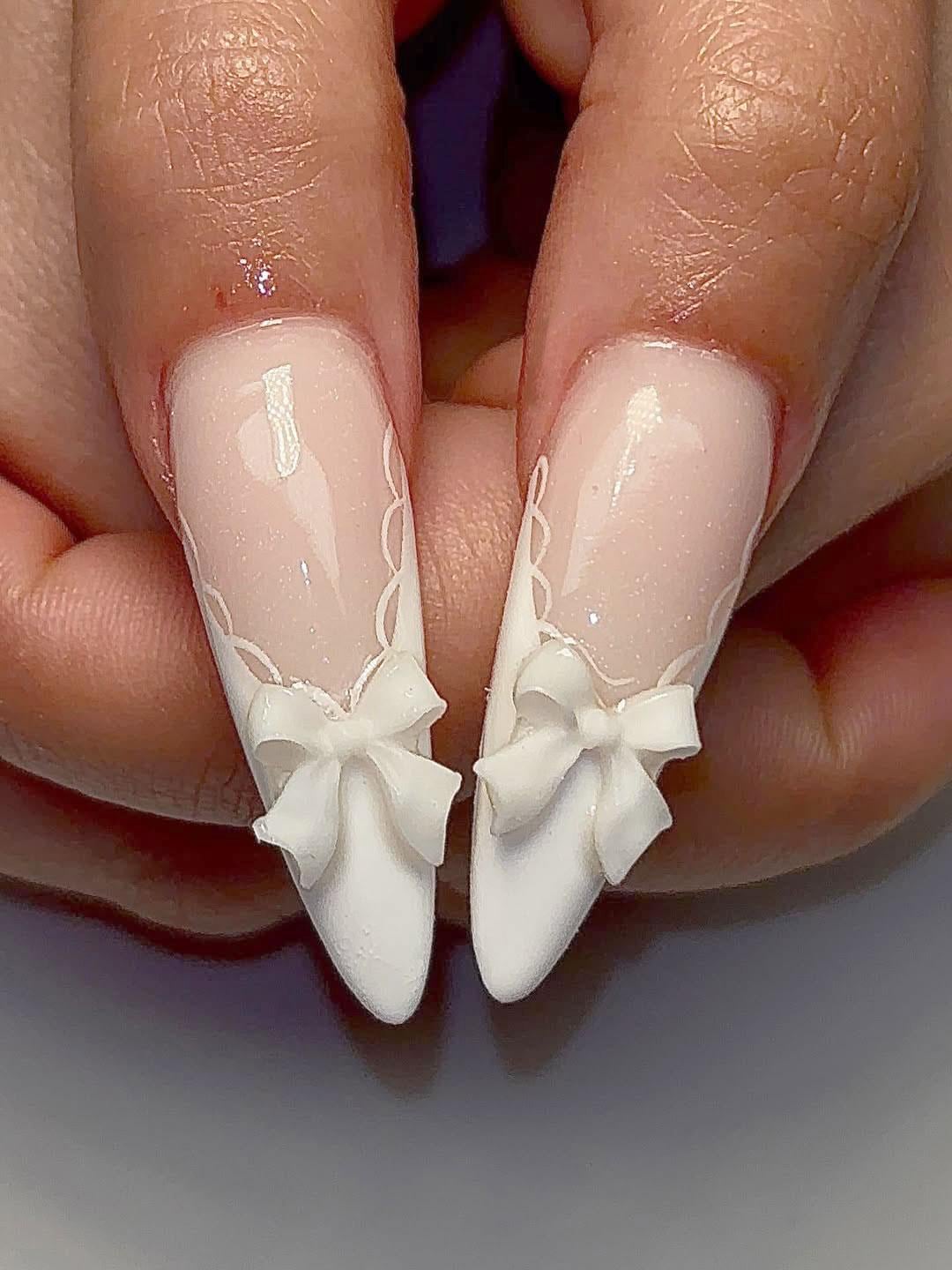 White Lace Bridal Press On Nails With 3D Bows, Flowers and Pearls