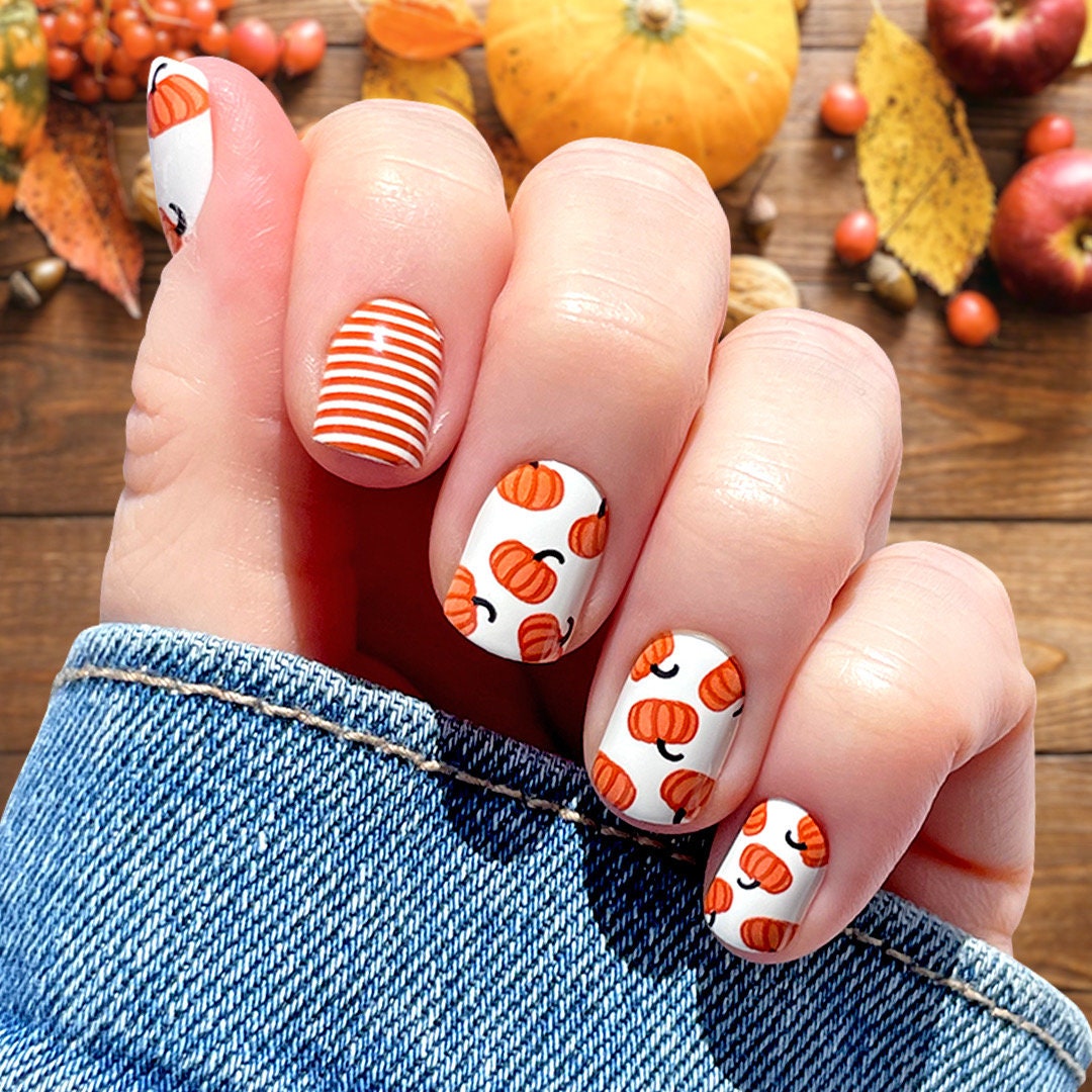 White Pumpkin and Orange Stripe Fall Press On Nails