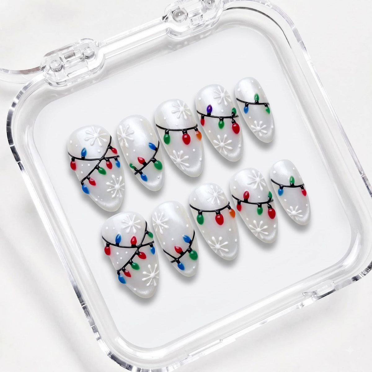 White Snowflake Christmas Light Press On Nails