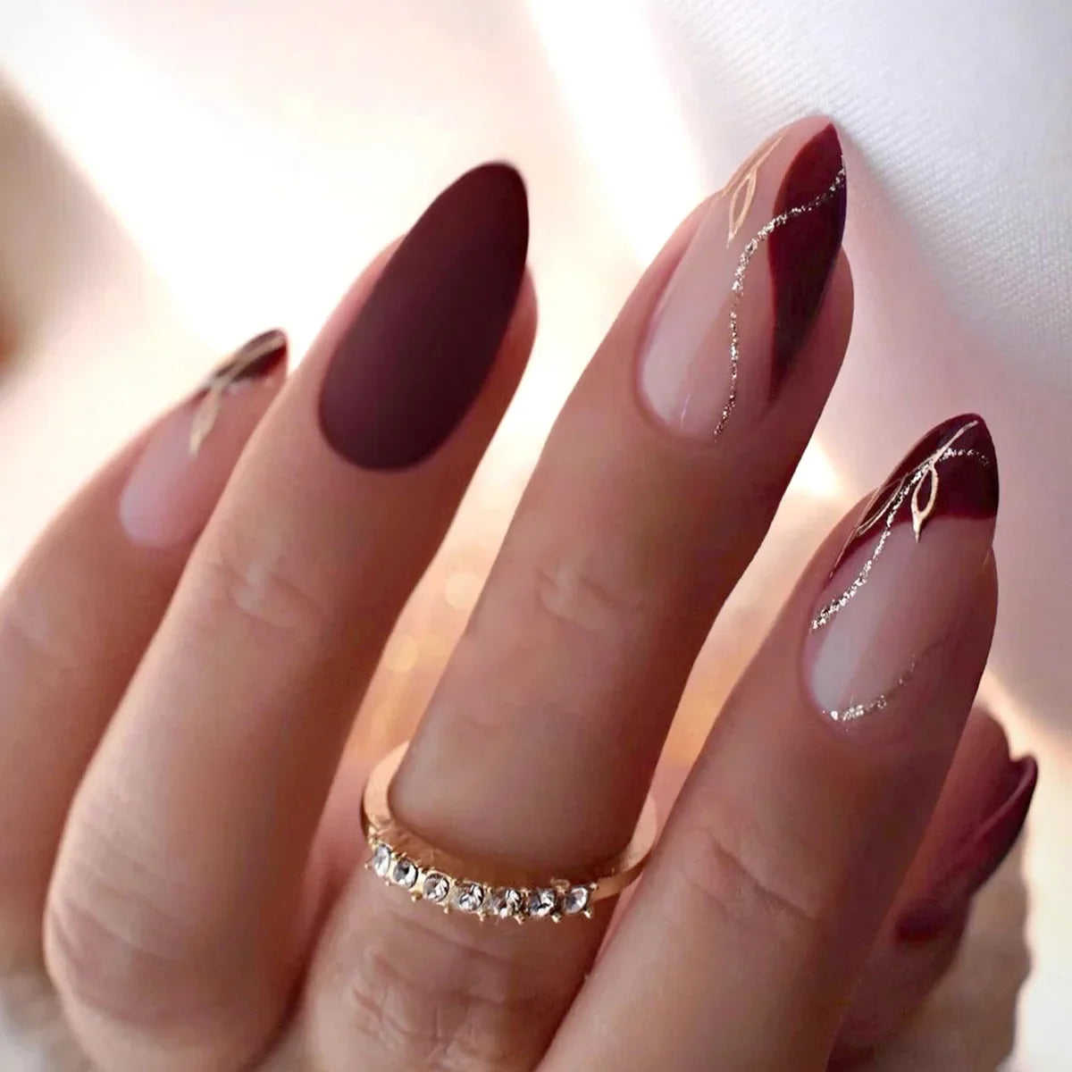 Wine and Blush French Tip Press On Nails with Metallic Lines
