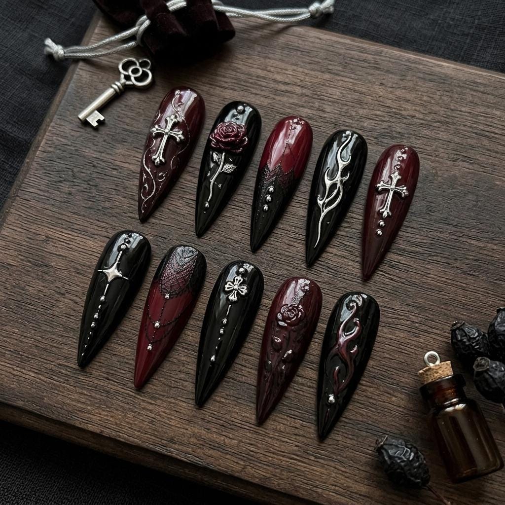 Wine Red and Black Gothic Lace Press On Nails with Roses and Cross Details