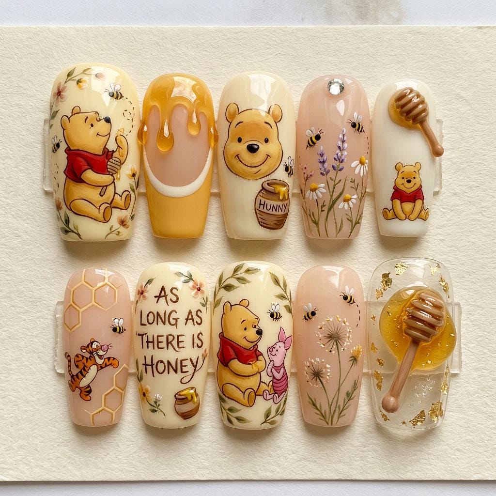 Winnie the Pooh Honey Nails with Bees, Daisies, and Honeycomb