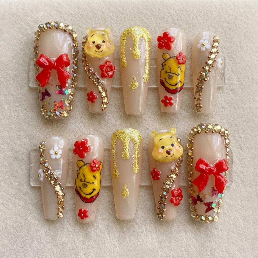 Winnie the Pooh Inspired Nails with Red Bows, Flowers, Gold Glitter and Rhinestones