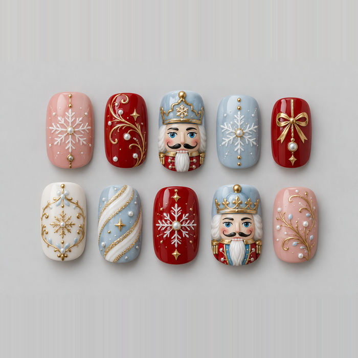 Winter Nutcracker Press On Nails With Snowflakes, Gold Filigree and Bows