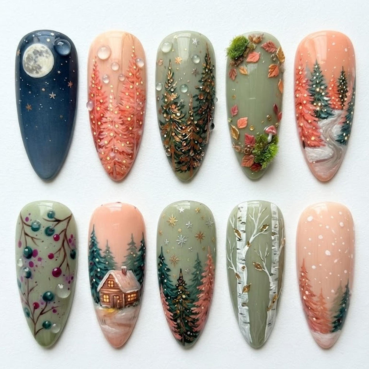 Winter Woodland Press On Nails with Full Moon, Evergreen Trees and Cozy Cabin