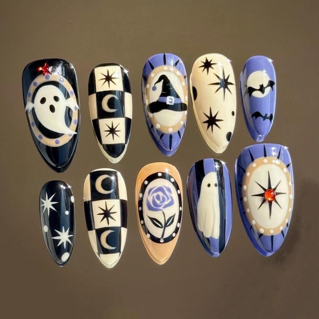 Witchy Ghost Halloween Nail Set With Moons, Stars, Hats and Rose