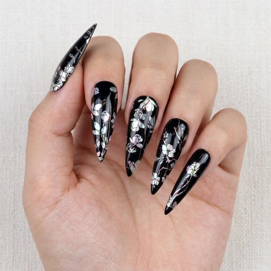 Witchy Glossy Black Iridescent Botanical Flower Press On Nails