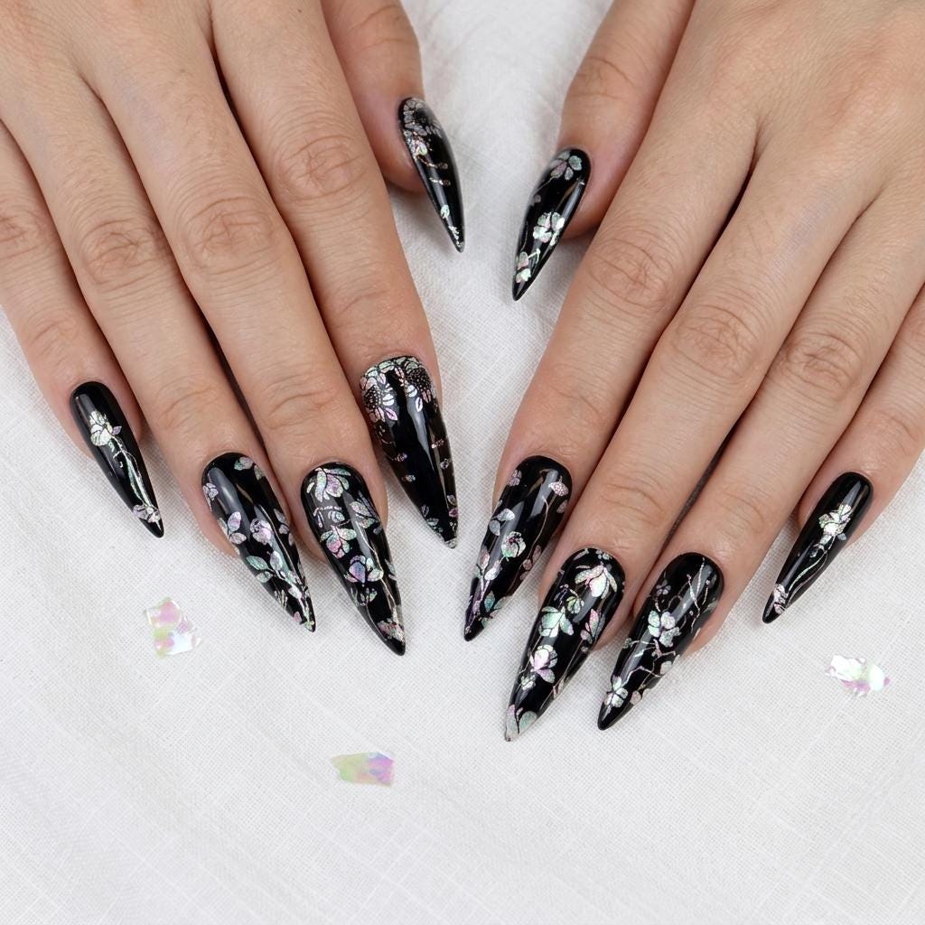 Witchy Glossy Black Iridescent Botanical Flower Press On Nails