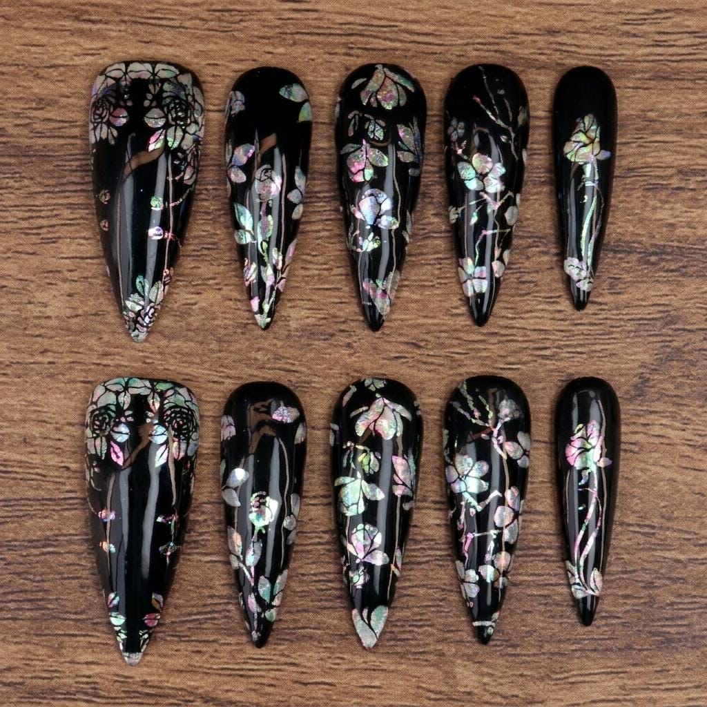 Witchy Glossy Black Iridescent Botanical Flower Press On Nails