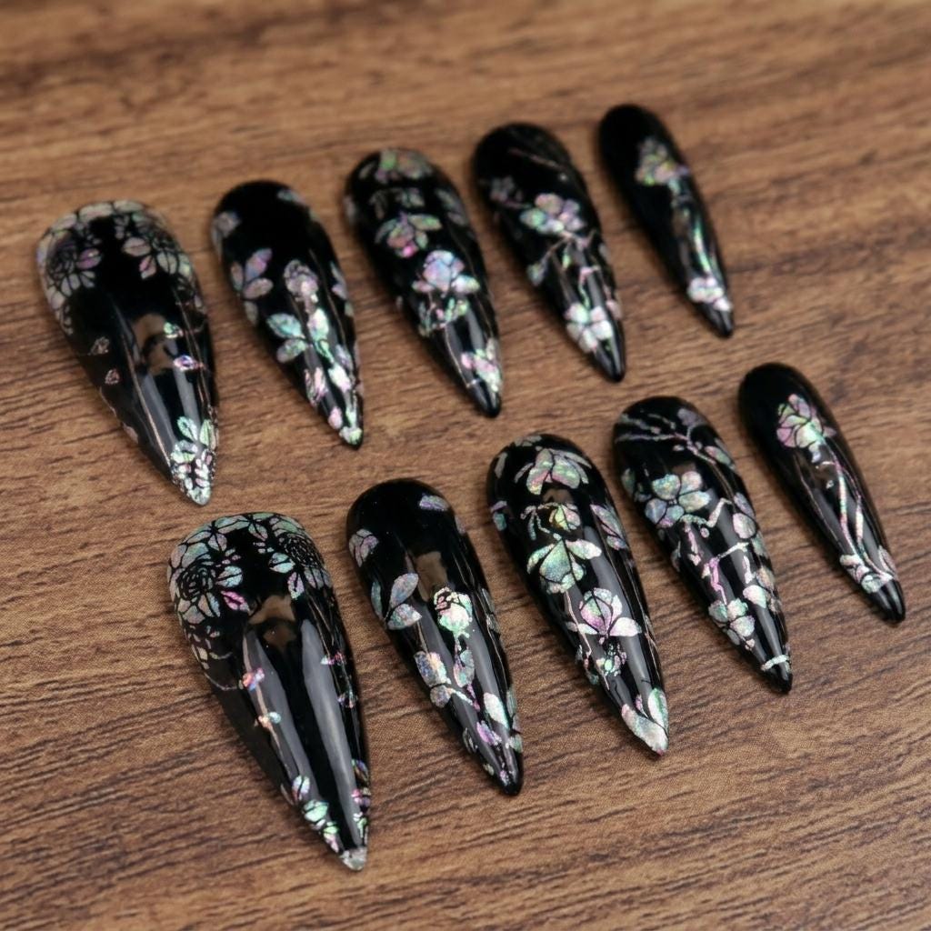 Witchy Glossy Black Iridescent Botanical Flower Press On Nails