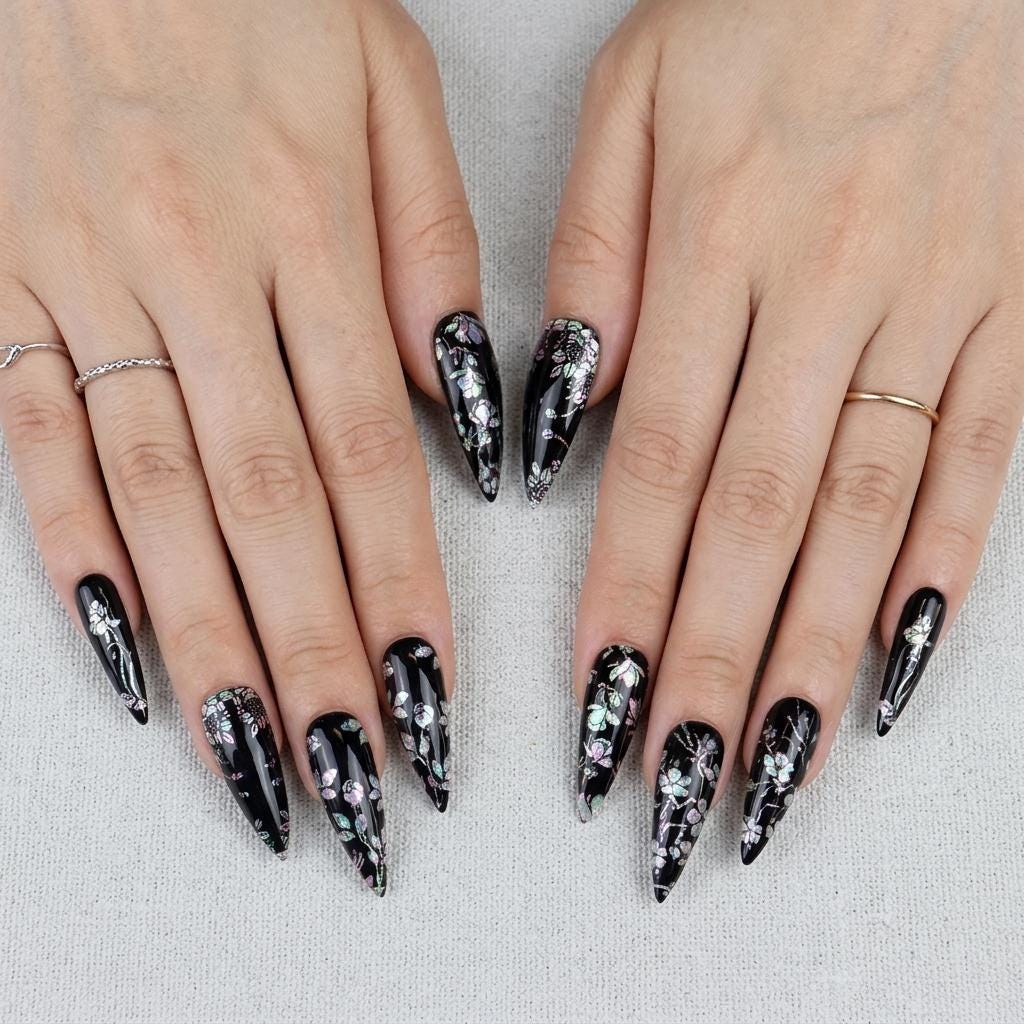 Witchy Glossy Black Iridescent Botanical Flower Press On Nails