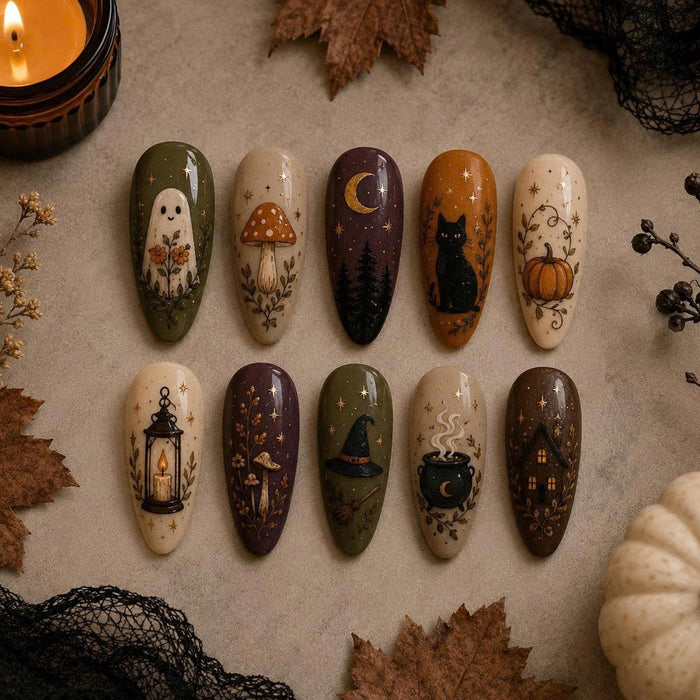 Witchy Woodland Halloween Press On Nails With Ghosts, Mushrooms and Autumn Art