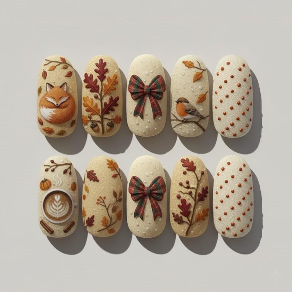 Woodland Autumn Nail Set With Foxes, Birds, Plaid Bows and Polka Dots