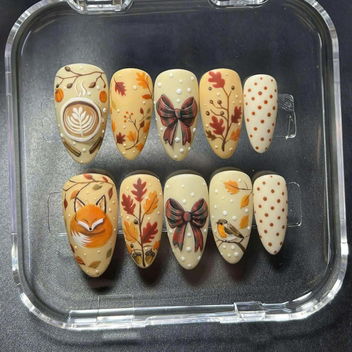 Woodland Autumn Nail Set With Foxes, Birds, Plaid Bows and Polka Dots