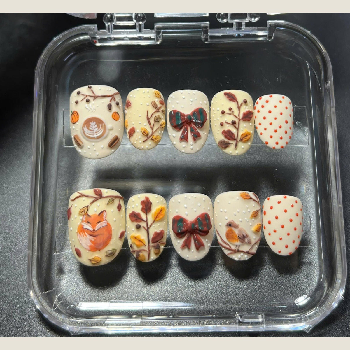 Woodland Autumn Nail Set With Foxes, Birds, Plaid Bows and Polka Dots
