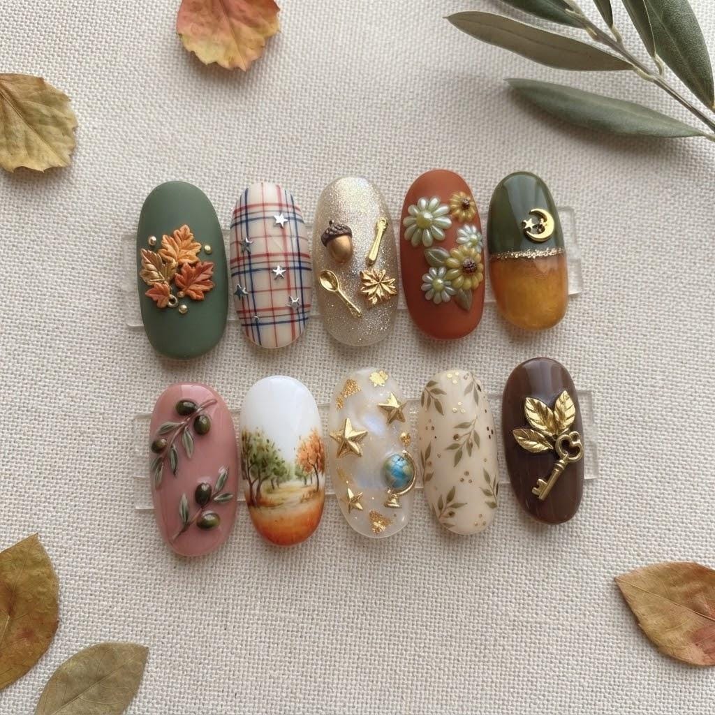 Woodland Autumn Nail Set With Plaid, Botanical Art, and Gold Charms