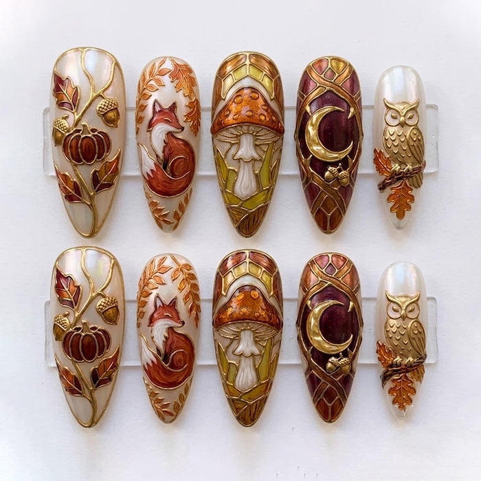 Woodland Autumn Press On Nails With 3D Fox, Owl, Mushroom, Pumpkin, and Moon Art