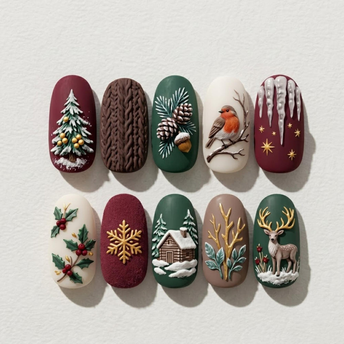 Woodland Christmas Nails With Robin, Reindeer, Snowy Cabin, and Pinecones