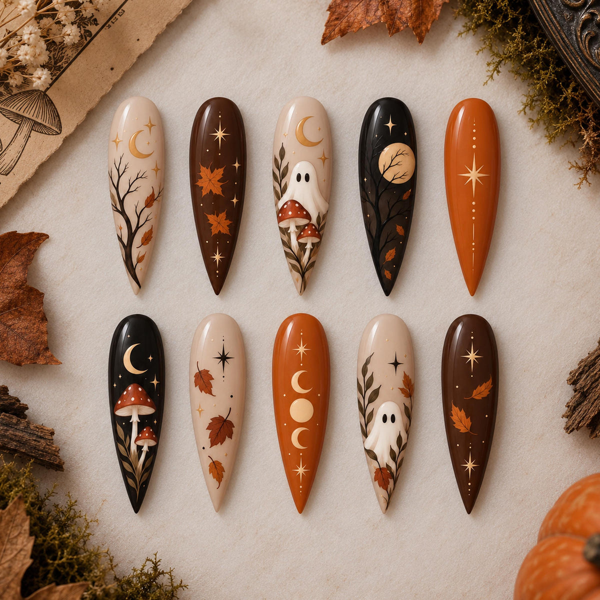 Woodland Halloween Press-On Nails With Ghosts, Mushrooms, Moons and Autumn Leaves