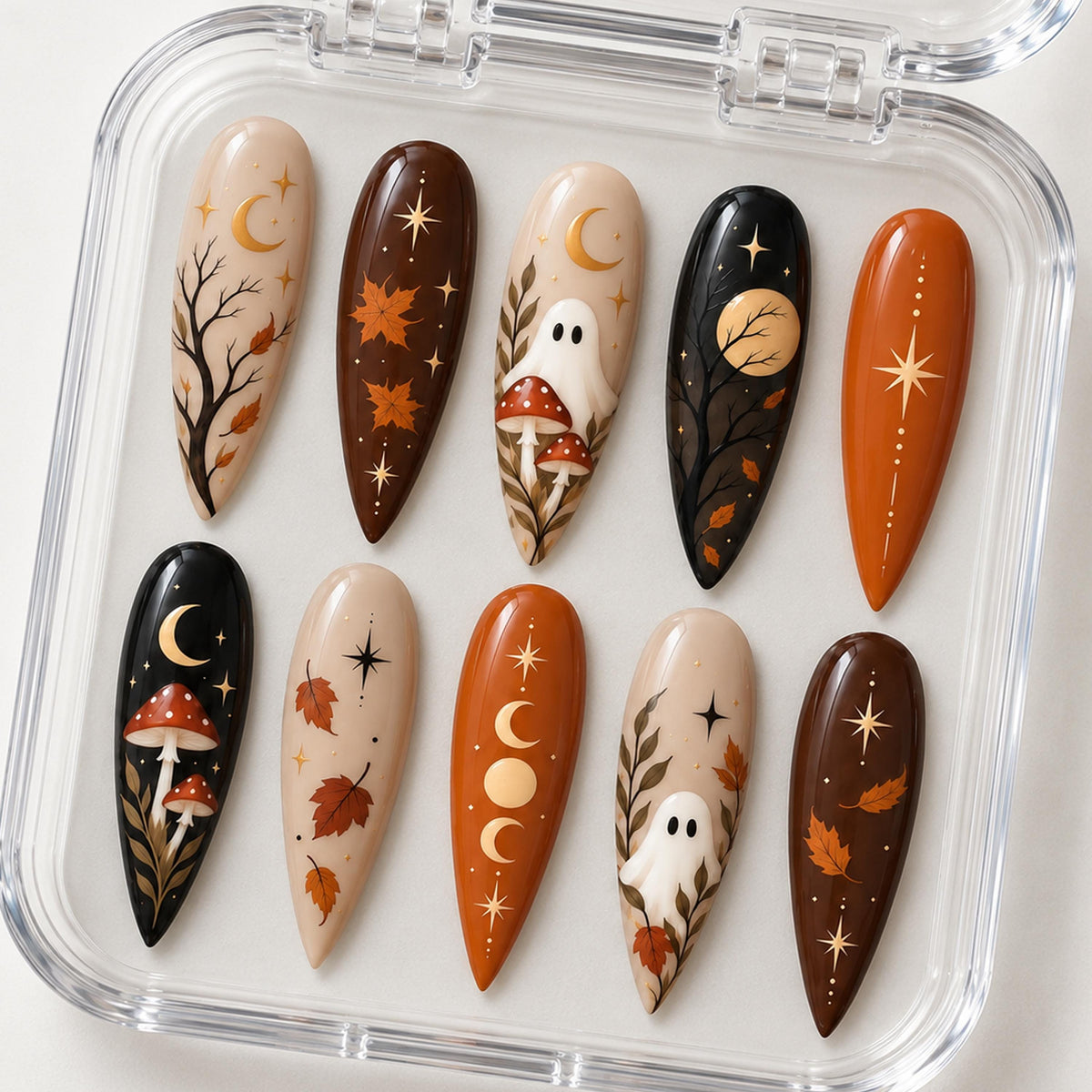 Woodland Halloween Press-On Nails With Ghosts, Mushrooms, Moons and Autumn Leaves