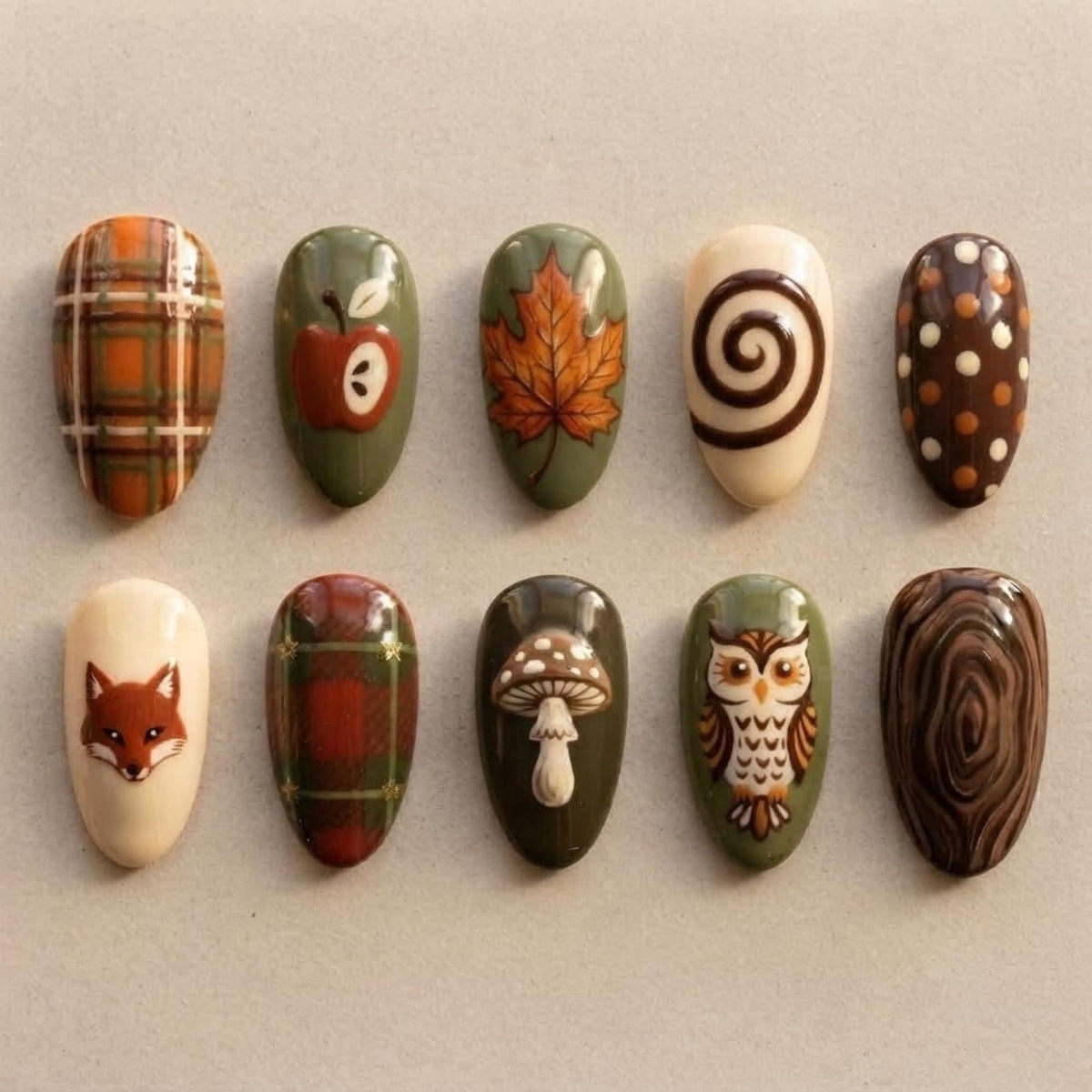 Woodland Harvest Press On Nails with Fox, Owl, Mushroom, Apple and Plaid