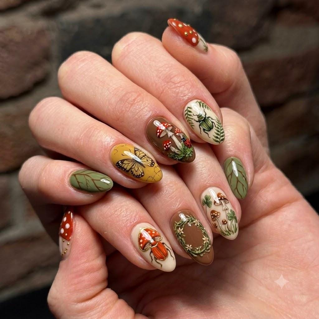 Woodland Mushroom and Beetle Fall Nails in Olive, Sage, Cream, Mustard, and Rust
