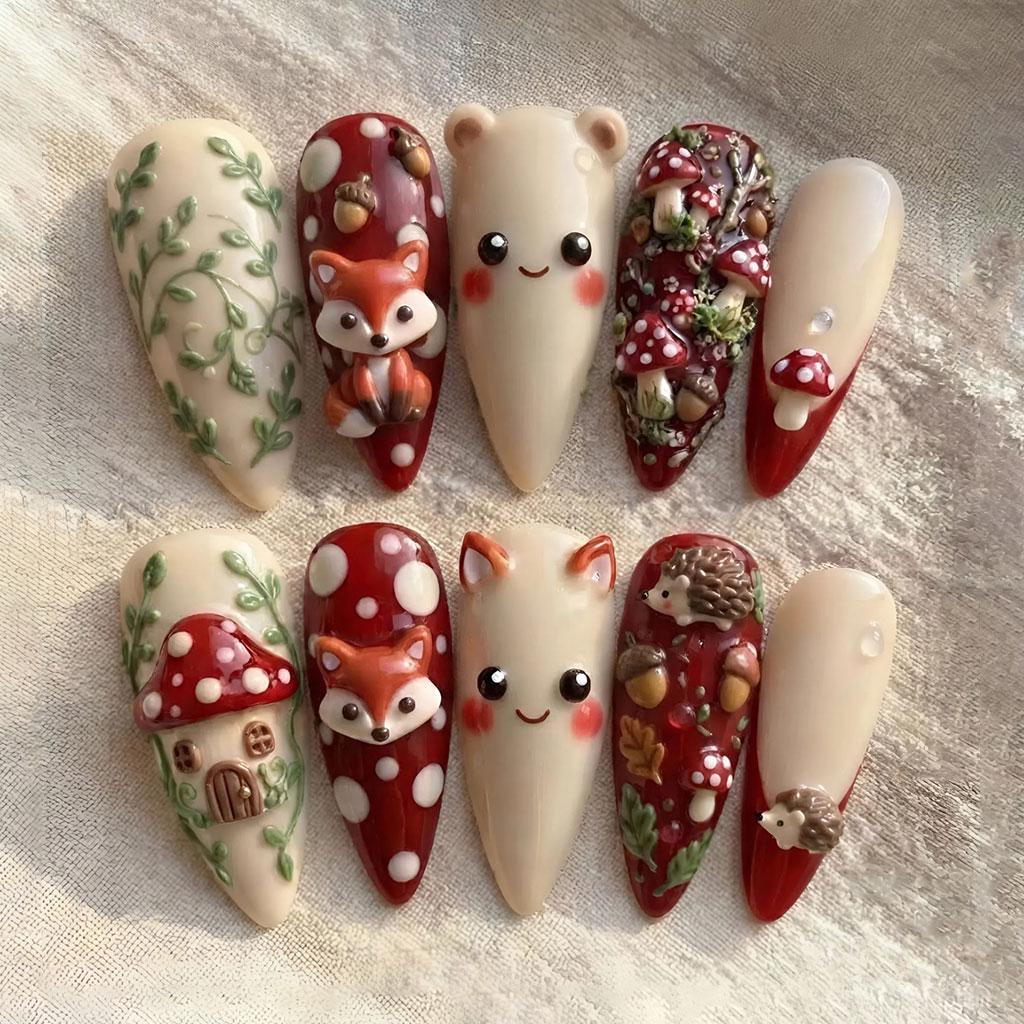 Woodland Mushroom, Fox & Hedgehog 3D Press-On Nails
