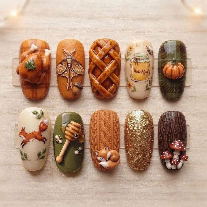 Woodland Thanksgiving Press On Nails with Plaid, Pie, Fox, Mushrooms and 3D Details