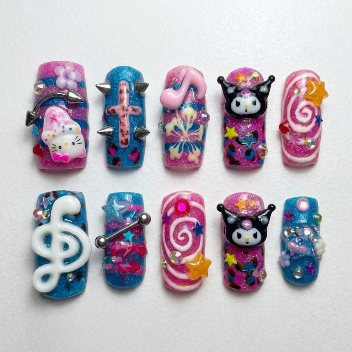 Y2K 3D Glitter Nail Set With Character Art, Stars, Swirls, and Piercing Details