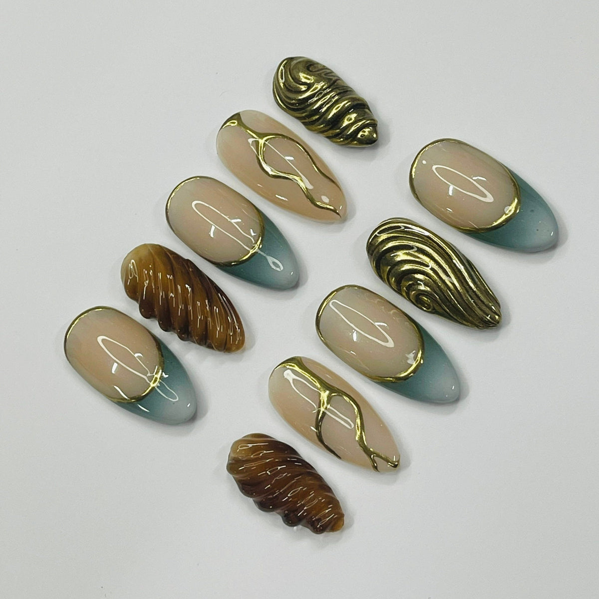 Y2K Blue-Green and Gold Chrome Sculptural Press On Nails