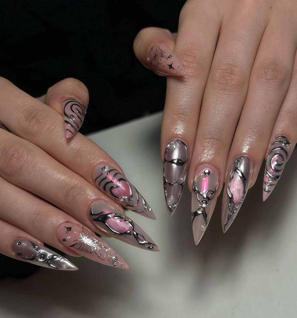 Y2K Blush Pink and Silver Chrome Heart Nail Set with 3D Swirls and Rhinestones