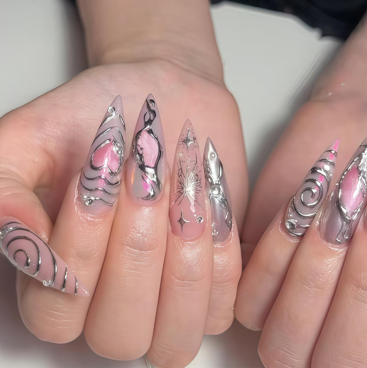 Y2K Blush Pink and Silver Chrome Heart Nail Set with 3D Swirls and Rhinestones