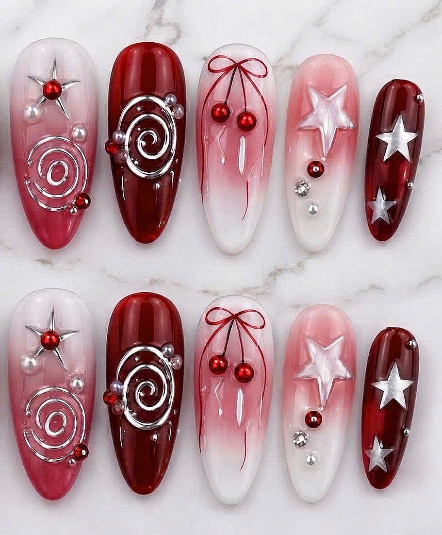 Y2K Coquette Cherry Red and Pink Ombre Nails with Silver Swirls, Stars, Bows and Rhinestones