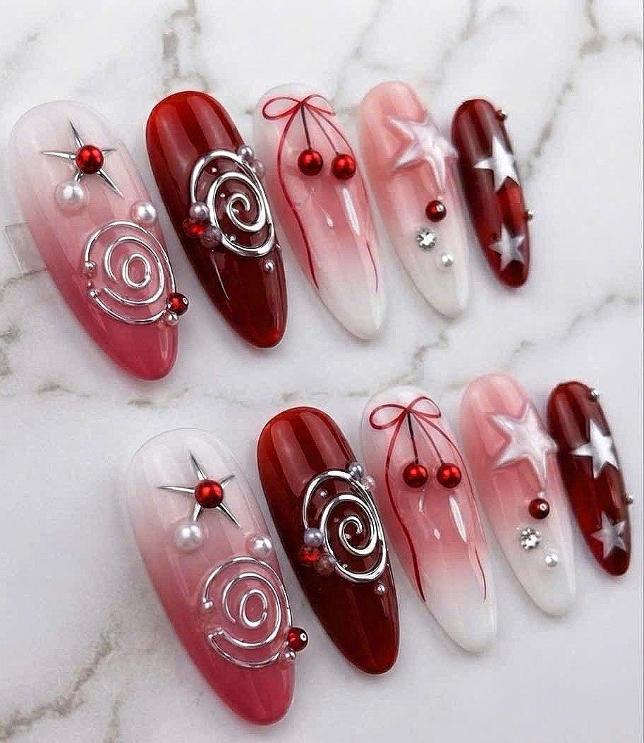 Y2K Coquette Cherry Red and Pink Ombre Nails with Silver Swirls, Stars, Bows and Rhinestones