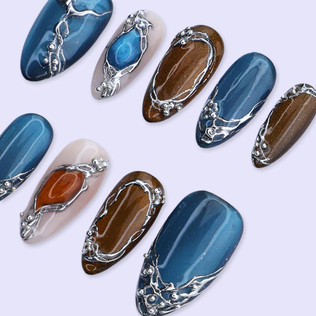 Y2K Deep Teal and Bronze Cat Eye Nails with Silver Chrome Frames