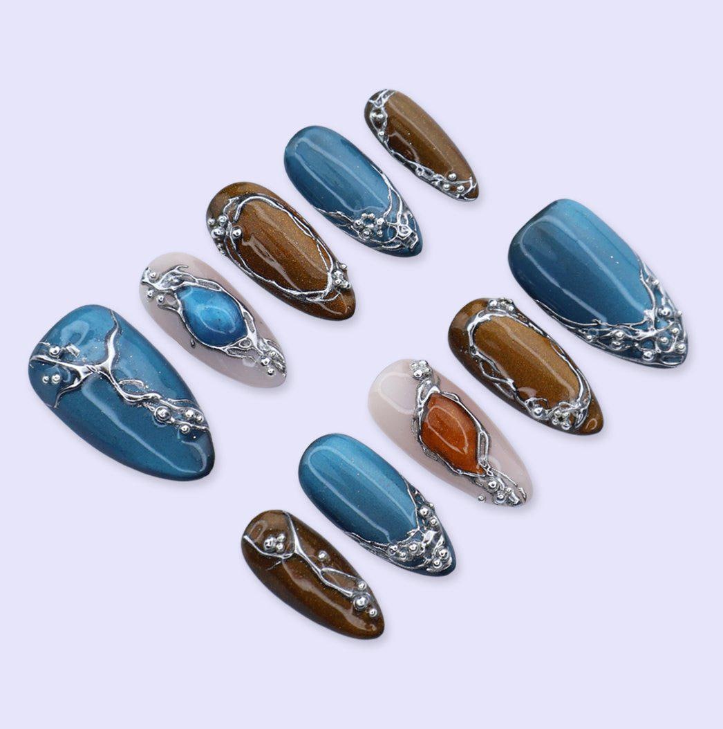 Y2K Deep Teal and Bronze Cat Eye Nails with Silver Chrome Frames