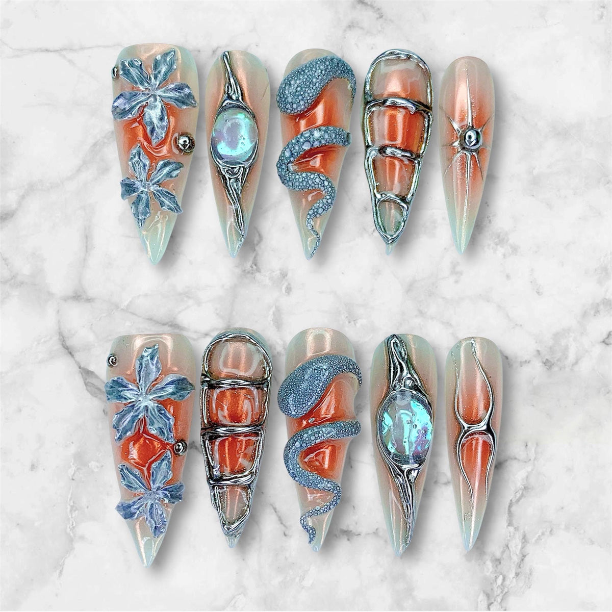 Y2K Fantasy Snake, Flower and Chrome Peach Nude & Burnt Orange Nail Set