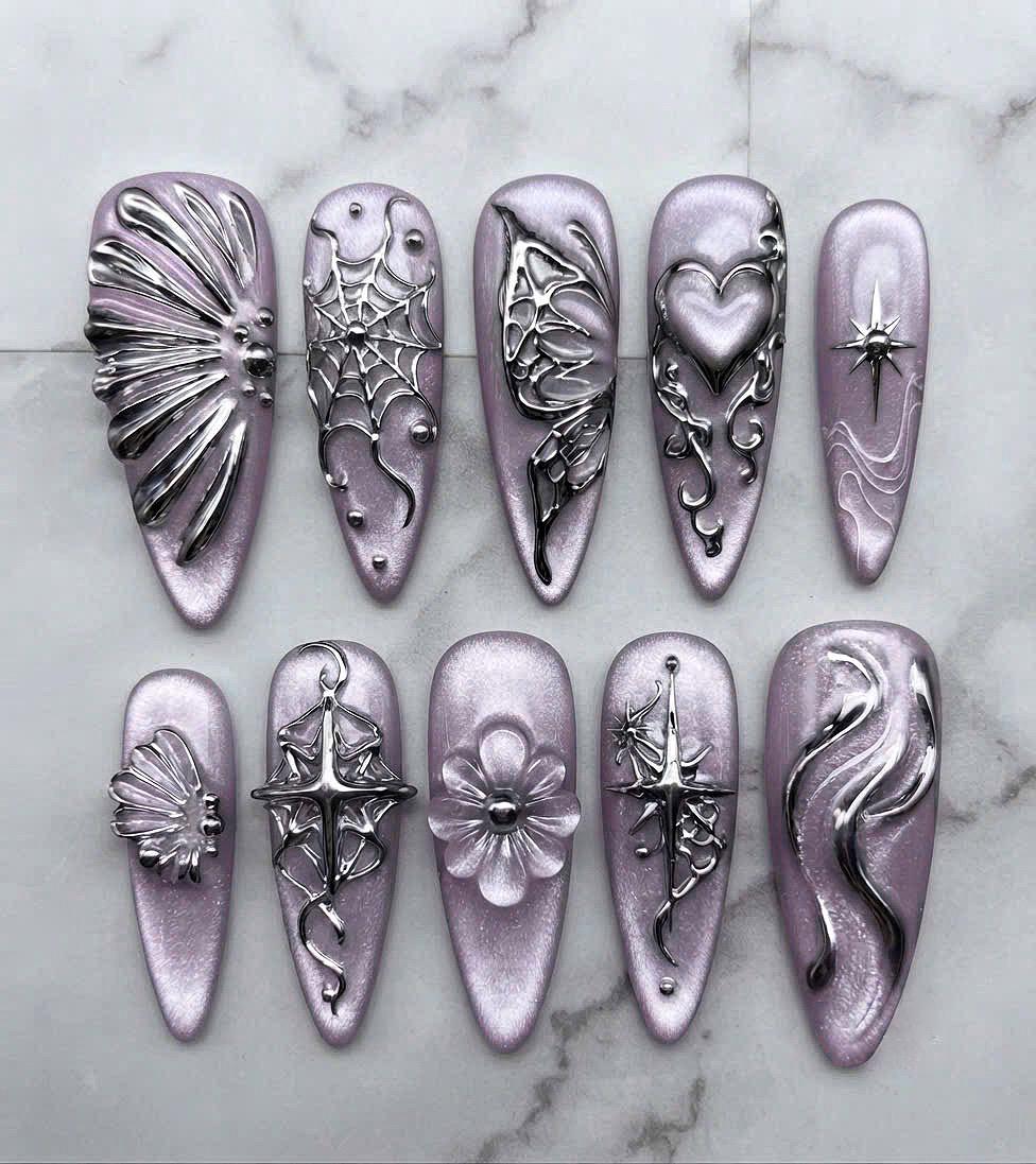 Y2K Gothic Lavender Pearl Chrome Press-On Nails With Sculpted Silver 3D Motifs