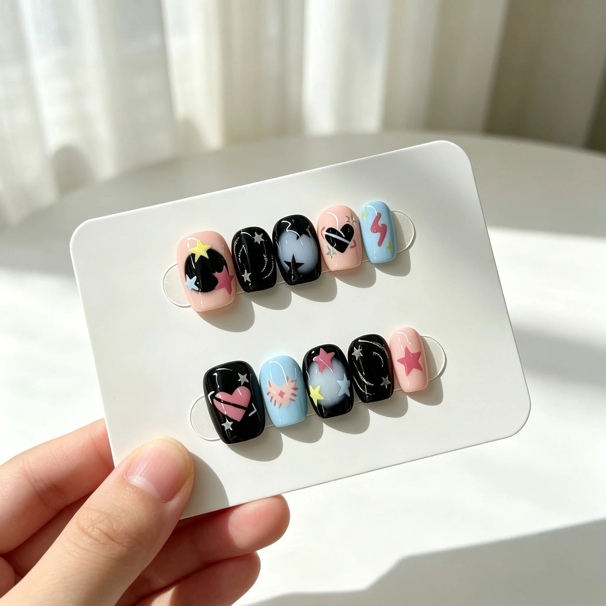 Y2K Graffiti Star, Heart & Lightning Press On Nails in Black, Pink and Blue