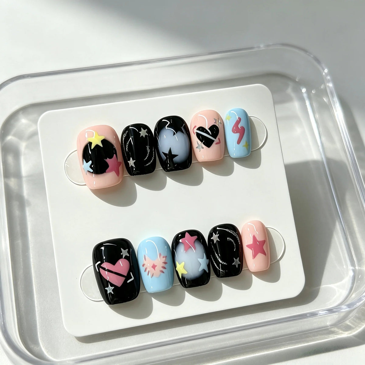 Y2K Graffiti Star, Heart & Lightning Press On Nails in Black, Pink and Blue